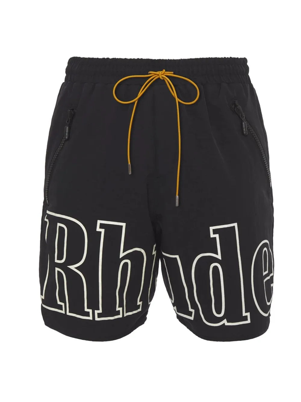 Men's drawstring shorts, black with bold text design, polyester and nylon blend, basic style.