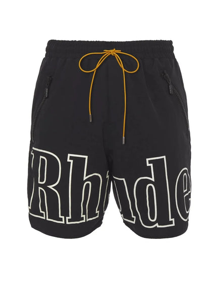 Men's drawstring shorts, black with bold text design, polyester and nylon blend, basic style.