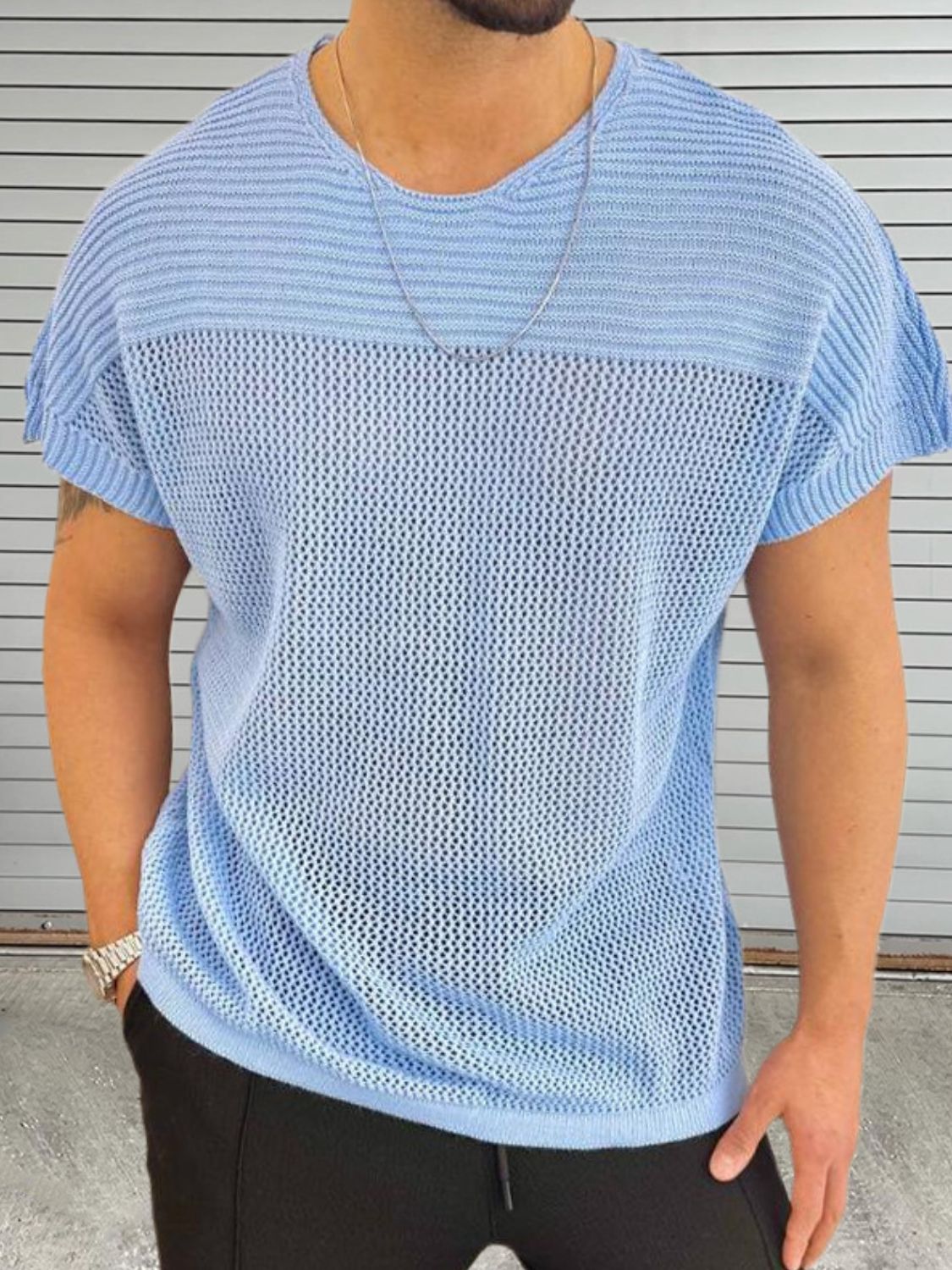 Men's eyelet round neck short sleeve t-shirt in light blue.