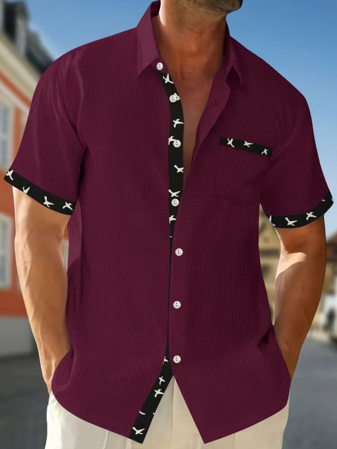 Men's full size contrast trim waffle knit short sleeve shirt in maroon.