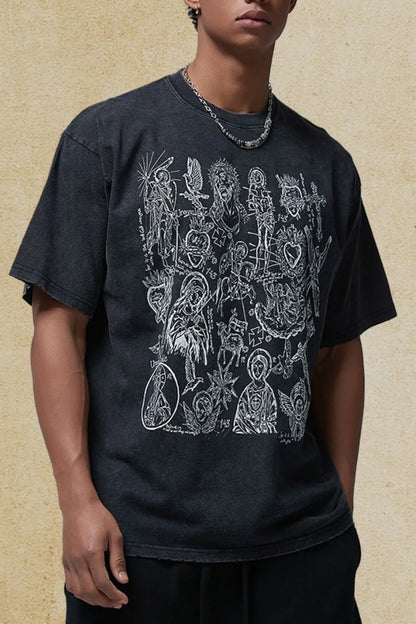 Men's graphic round neck half sleeve t-shirt in black with artistic design, 100% cotton.