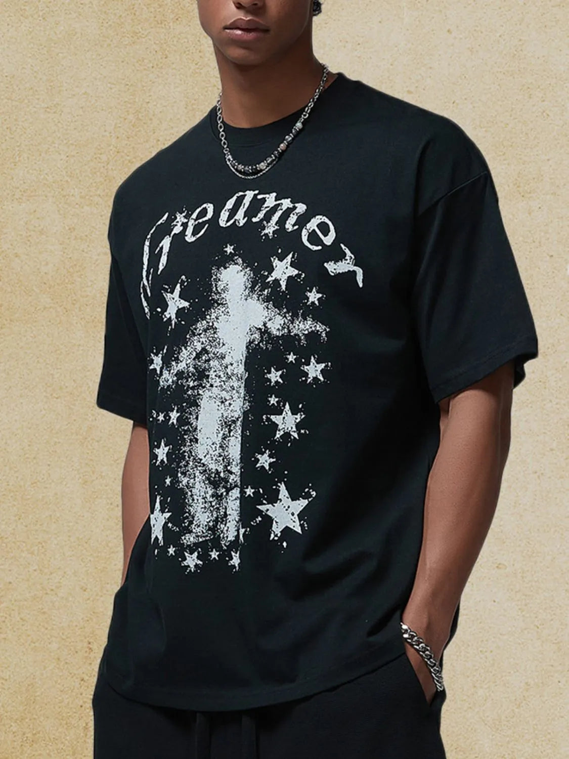 Men's graphic round neck t-shirt featuring a star design.