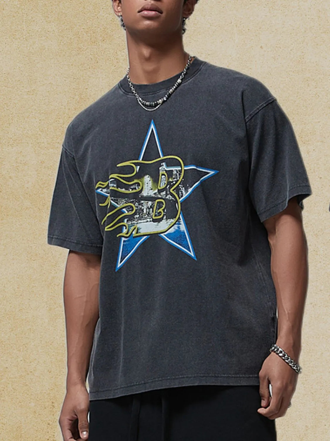 Men's graphic round neck half sleeve T-shirt featuring star design, 100% cotton, slightly stretchy.