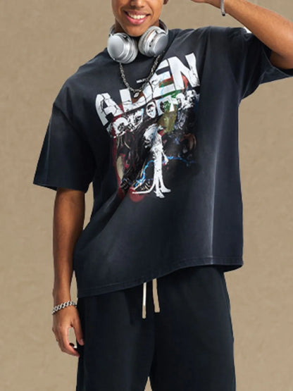 Men's graphic round neck half sleeve t-shirt in black with colorful front design.