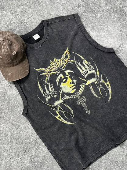 Men's graphic round neck tank with artistic design on dark fabric.