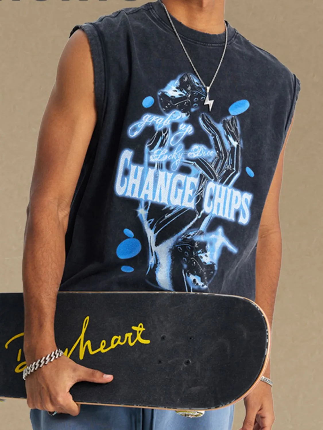Men's graphic round neck tank, slightly stretchy, 100% cotton, skateboarding design.