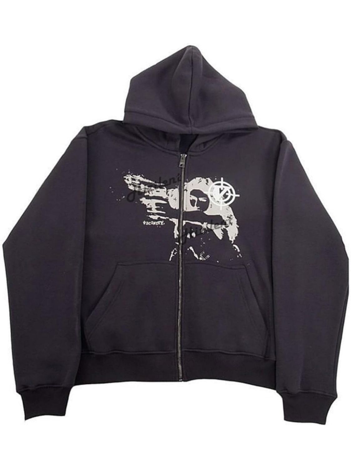 Men's graphic zip up long sleeve hoodie with pockets and black design.