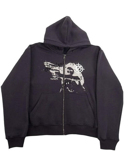Men's graphic zip up long sleeve hoodie with pockets and black design.