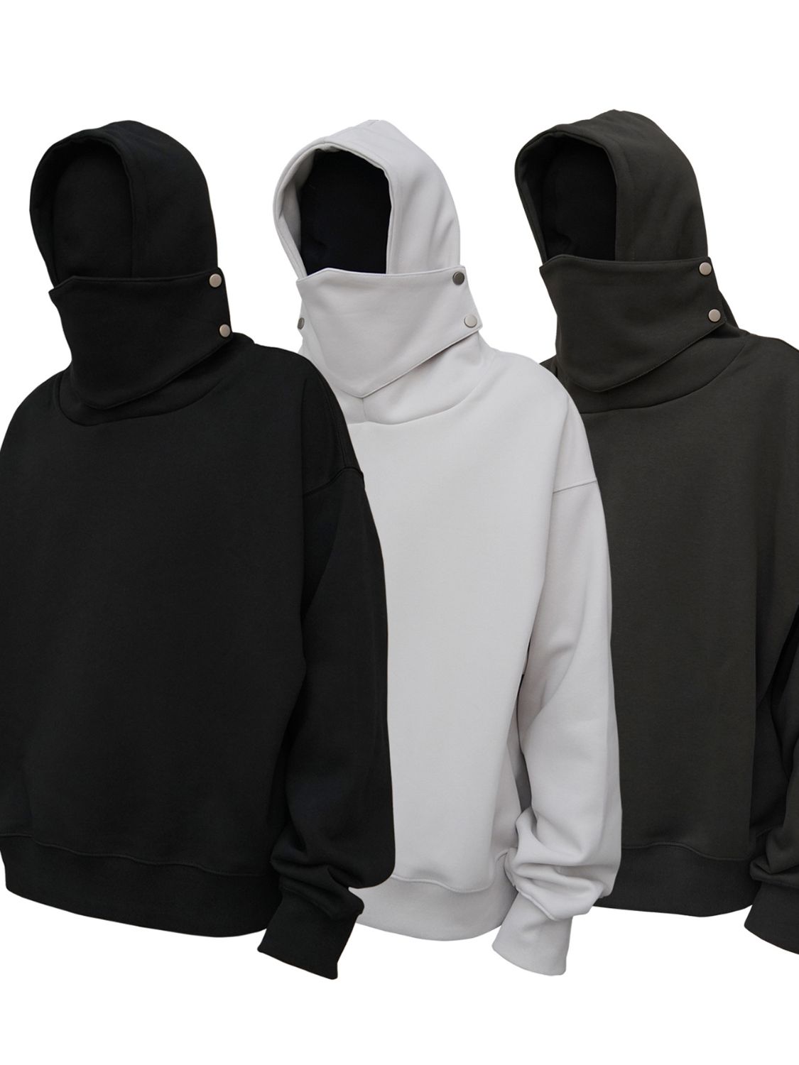 Men's long sleeve hoodie with attached mask, available in black, white, and dark green.