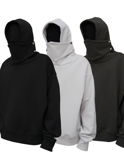 Men's long sleeve hoodie with attached mask, available in black, white, and dark green.