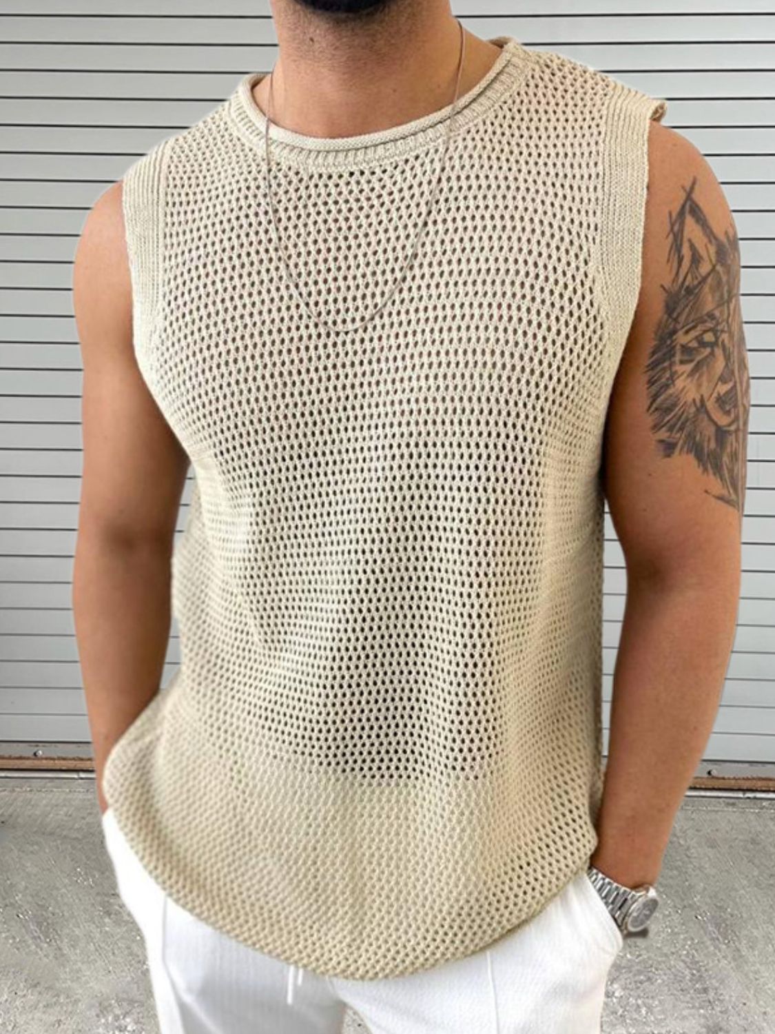 Men's openwork round neck sleeveless knit top in beige with moderate stretch.