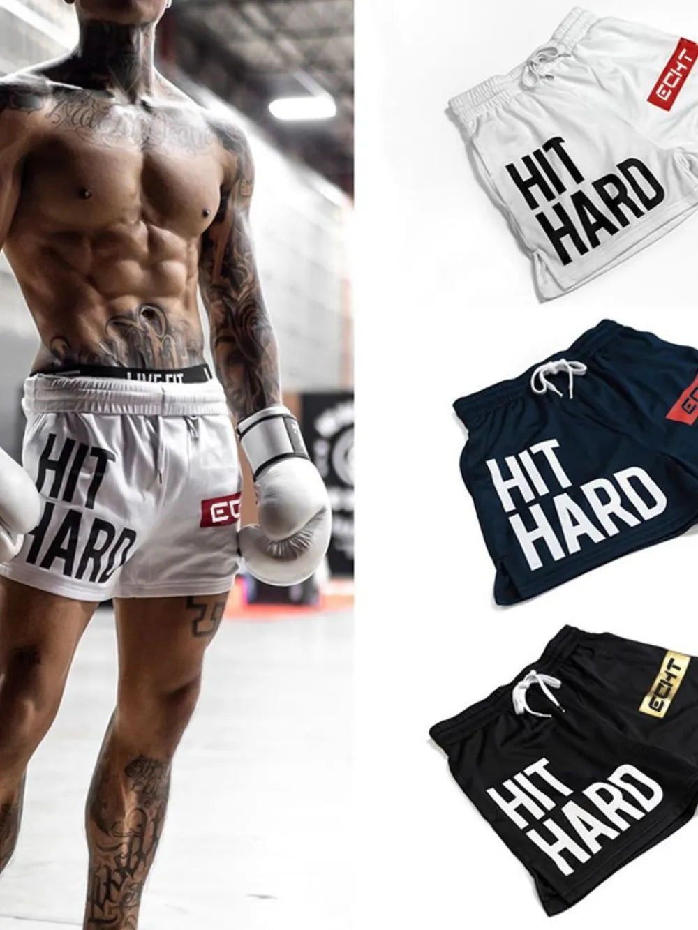 Men's plus size drawstring breathable active shorts with "Hit Hard" print in white, navy, and black colors.
