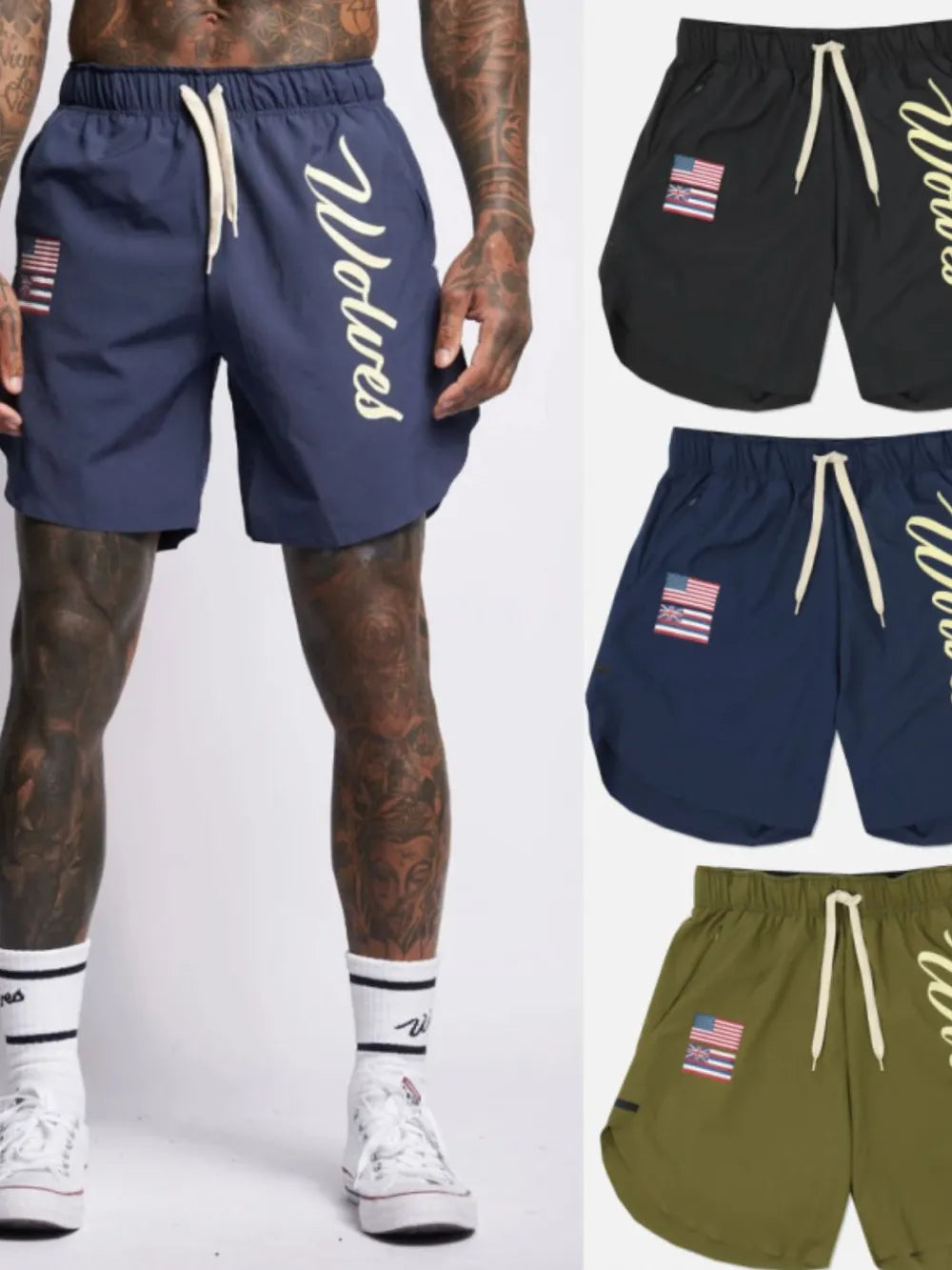 Men's plus size drawstring US flag active shorts in blue, black, and green colors.