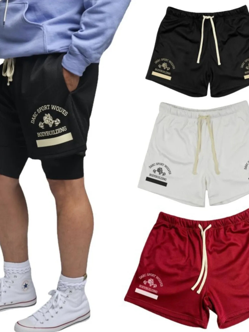 Men's plus size graphic drawstring active shorts in black, white, and red.