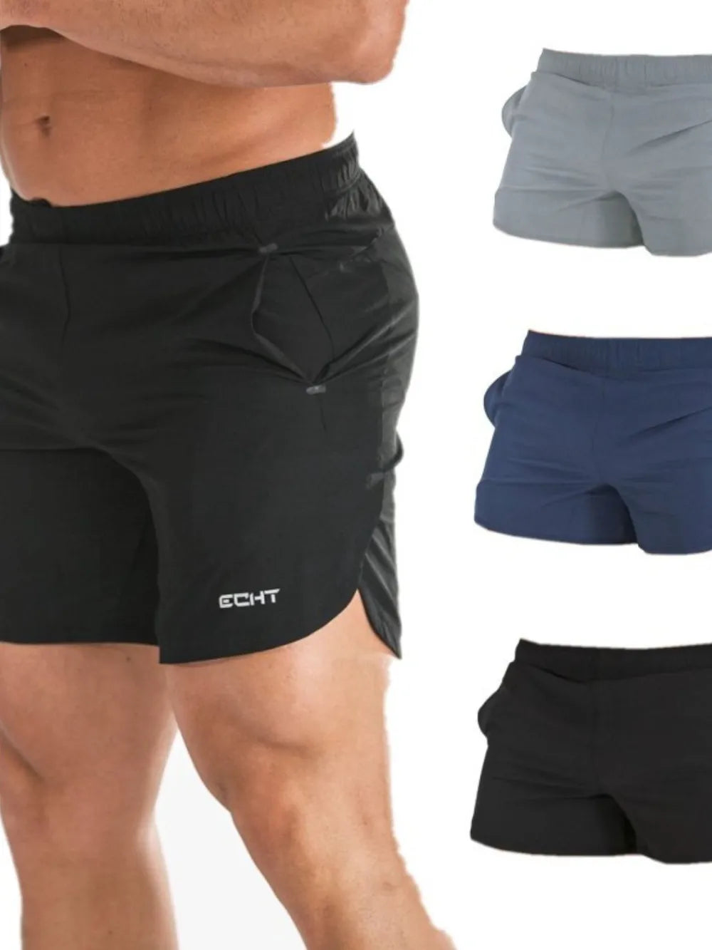 Men's plus size quick-dry shorts with pockets in various colors.