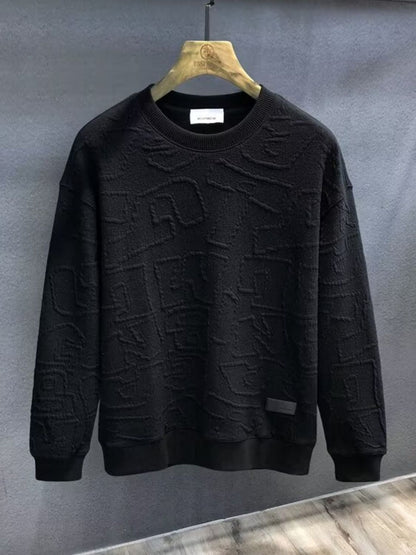 Men's plus size black textured round neck long sleeve sweatshirt on hanger.