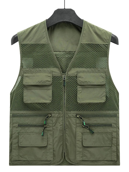 Men's Plus Size Zip Up Mesh Vest in green with pocket detailing.
