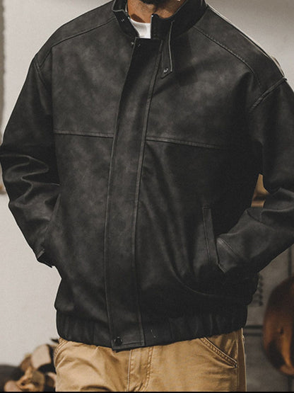 Men's plus size black zip-up biker jacket with stand collar.