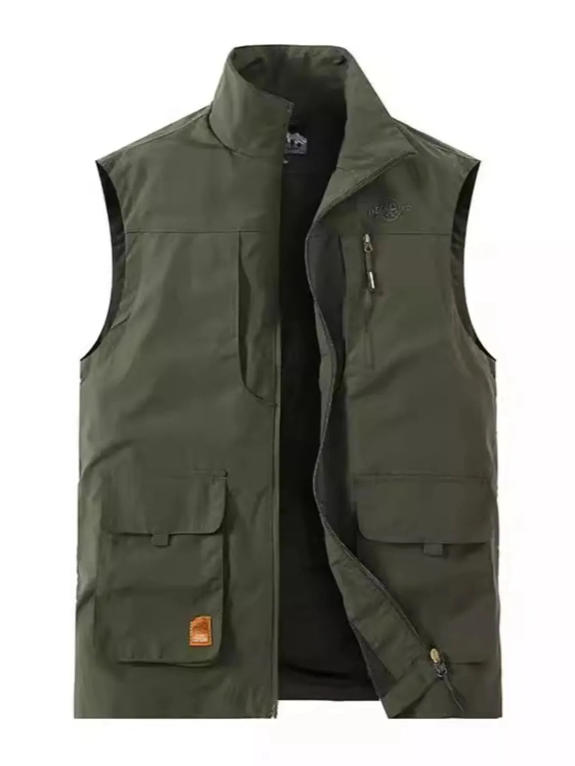 Men's plus size zip up vest in olive green, slightly stretchy polyester material.
