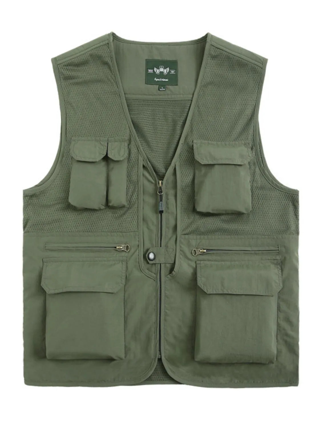 Men's plus size zip up vest in army green with multiple pockets.