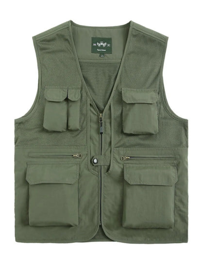 Men's plus size zip up vest in army green with multiple pockets.