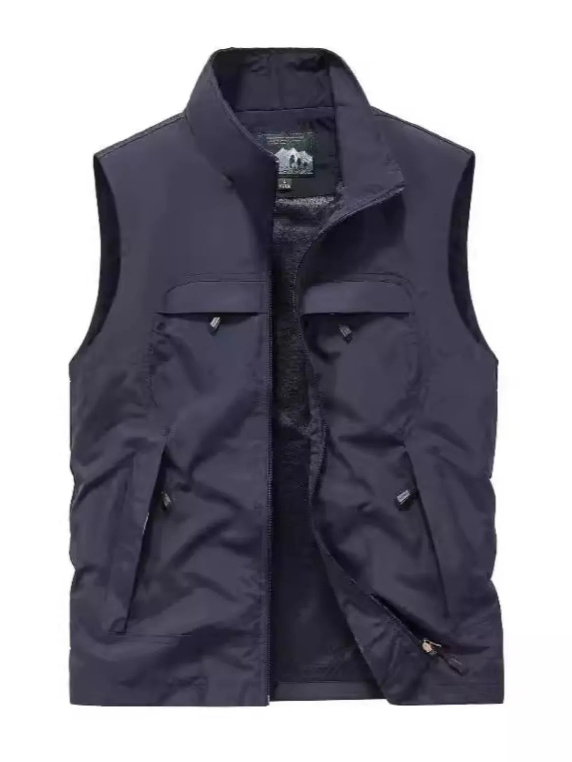 Men's plus size zip up vest in navy blue, made from 100% polyester with slightly stretchy material.