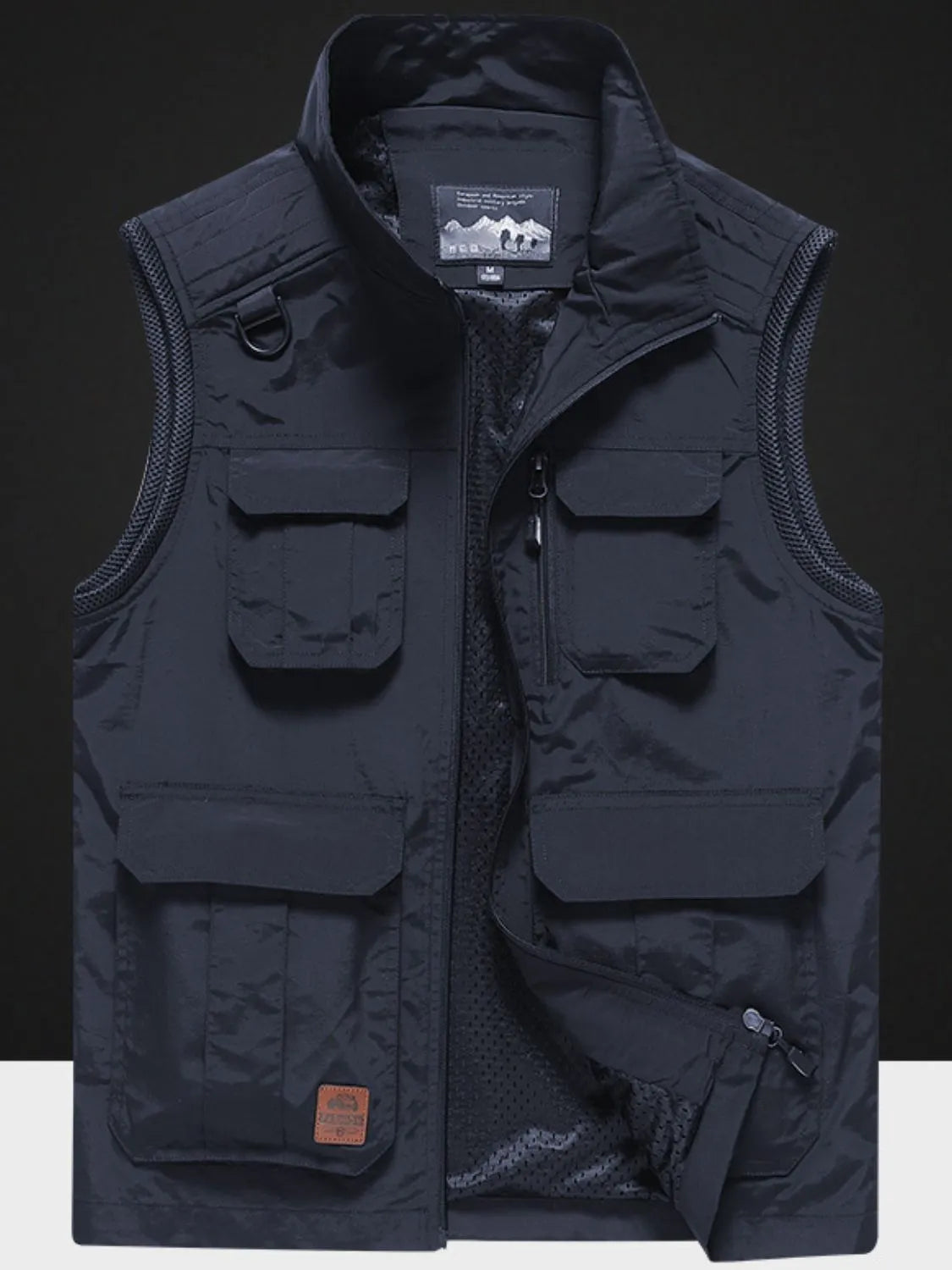 Men's plus size zip up vest with pockets, slightly stretchy nylon material, in black.