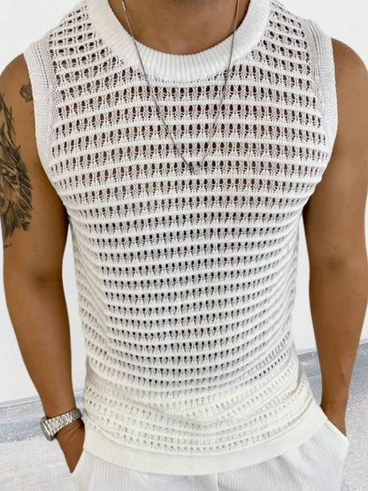 Men's round neck hollow out sleeveless knit top in white.