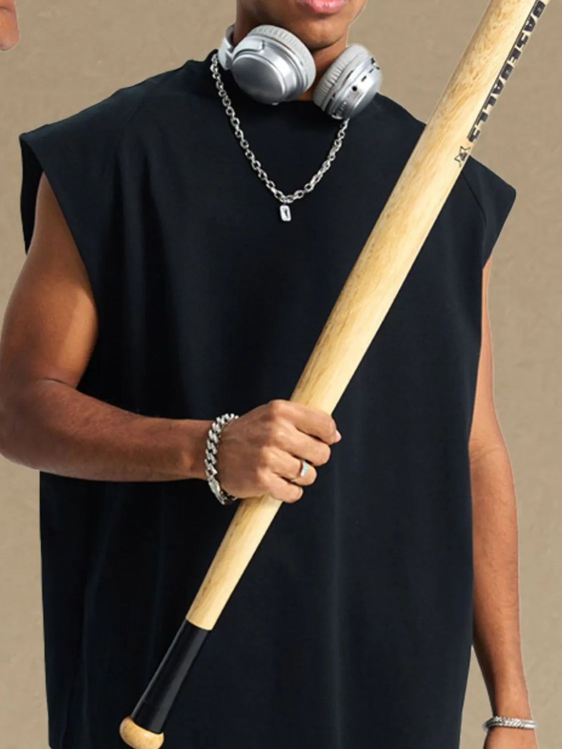 Men's black round neck tank, slightly stretchy 100% cotton, basic style.