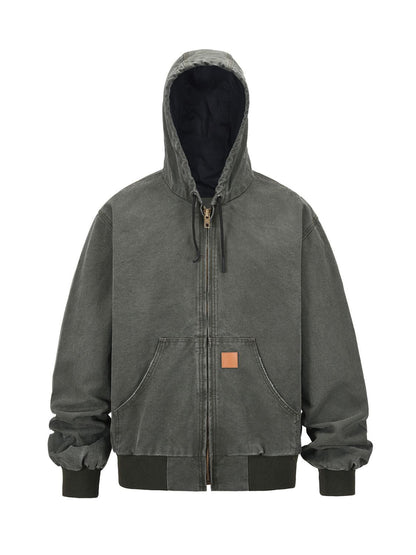 Men's zip up washed hooded jacket in dark green with front pockets and full zip closure.