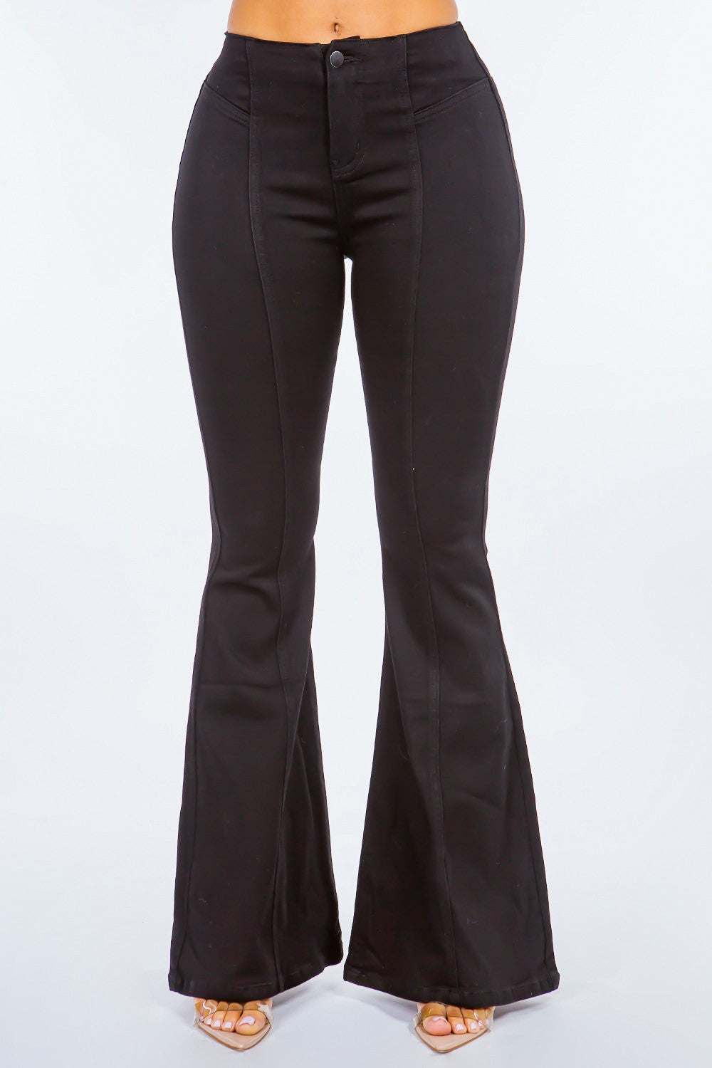 High waist pull-on flare jeans in black, offering a chic, retro-inspired look.