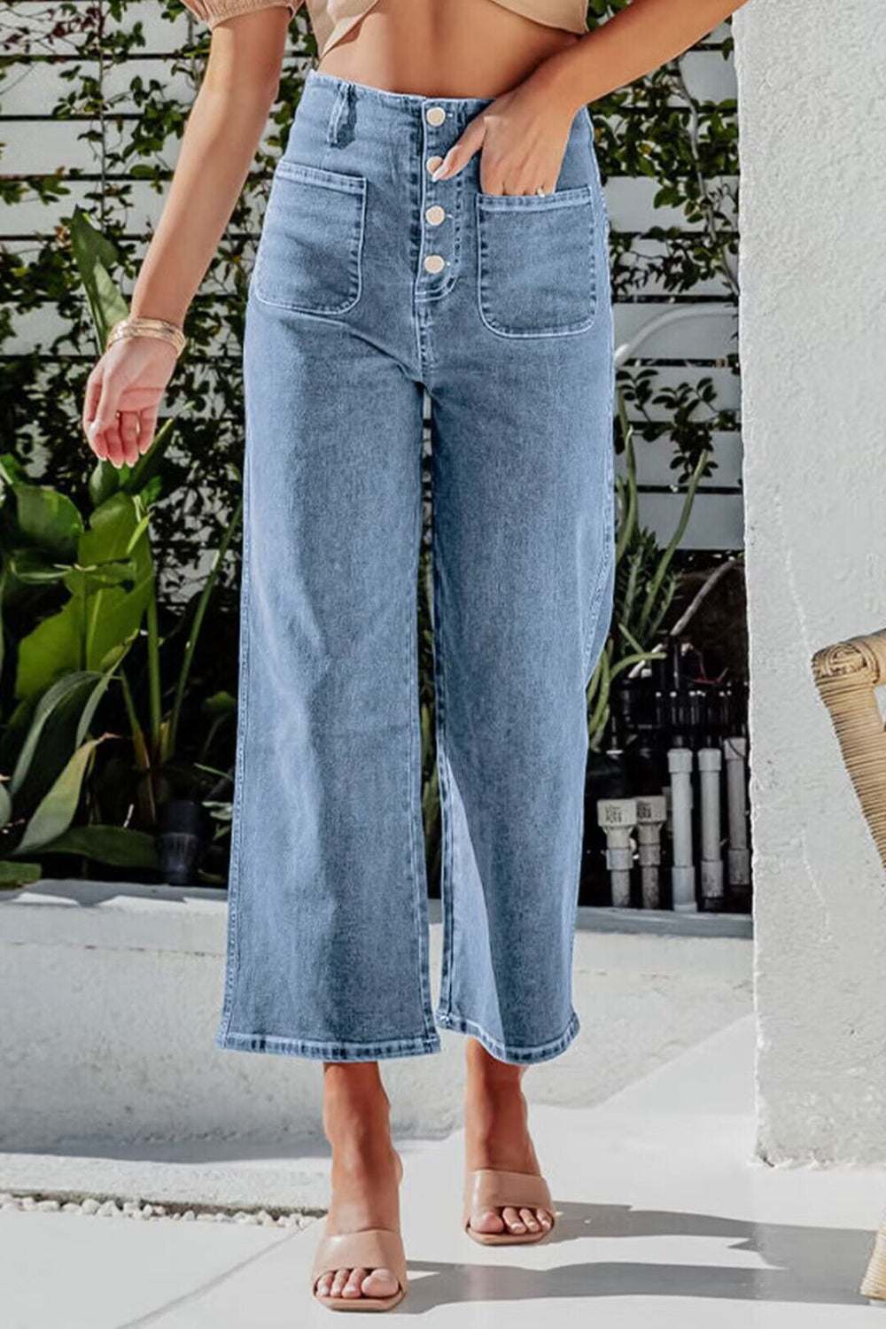 Button Fly Cropped Wide Leg Jeans with pockets, no stretch.