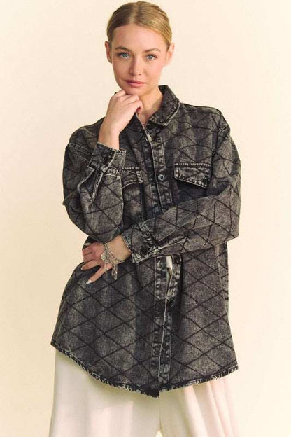 Curved Hem Diamond Quilted Button Up Denim Shacket in black, featuring modern high-low design.