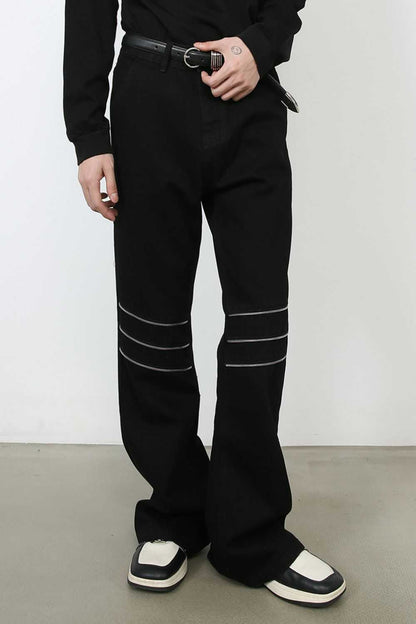 Men's bootcut jeans with pockets, no stretch, black, cotton-polyester blend.