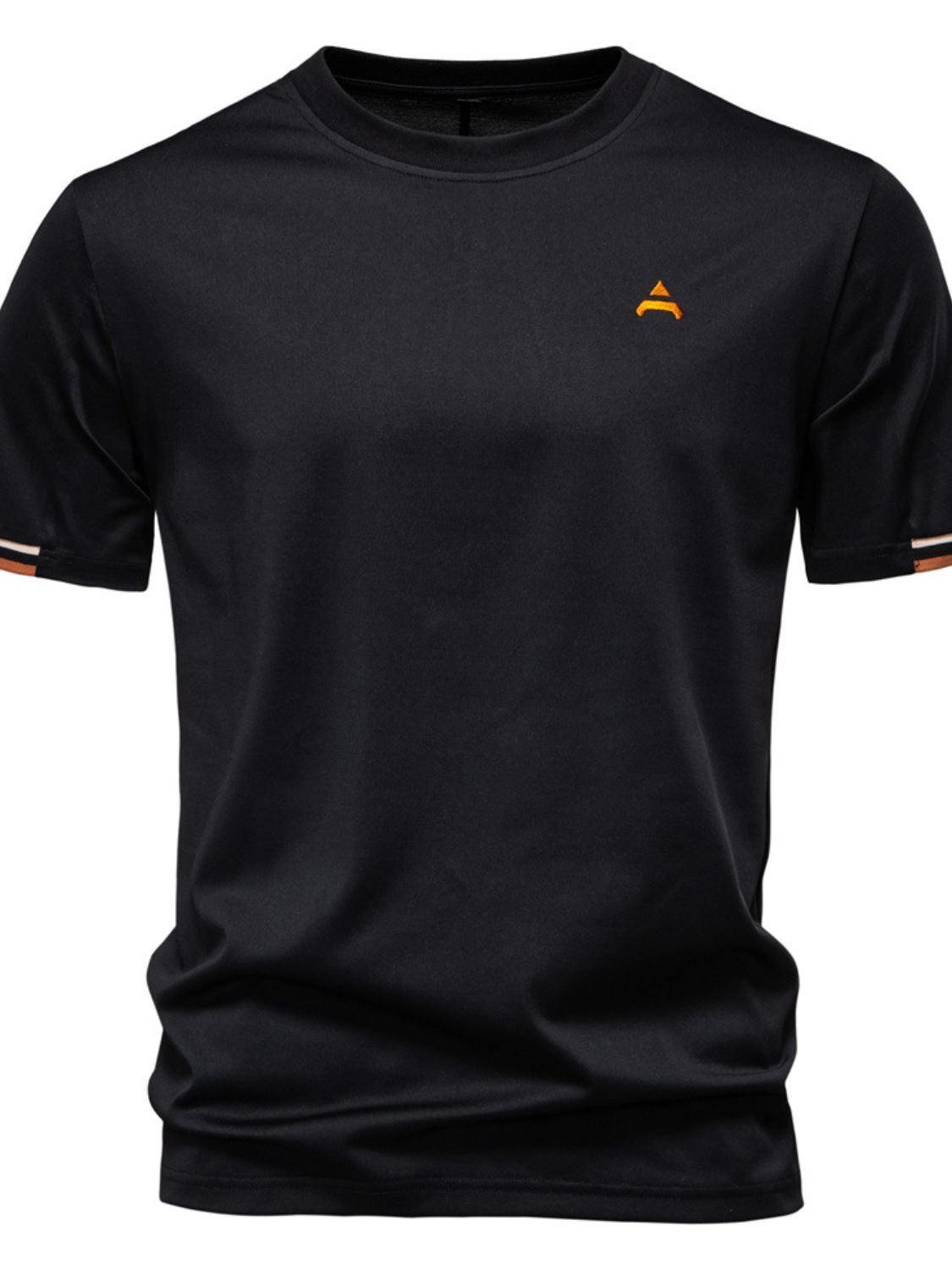 Men's embroidered round neck T-shirt, slightly stretchy, black polyester.