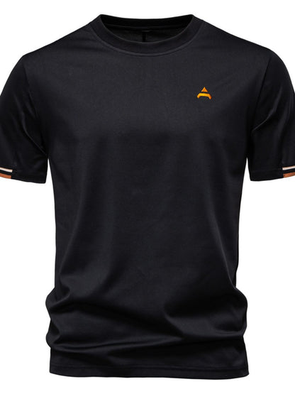 Men's embroidered round neck T-shirt, slightly stretchy, black polyester.