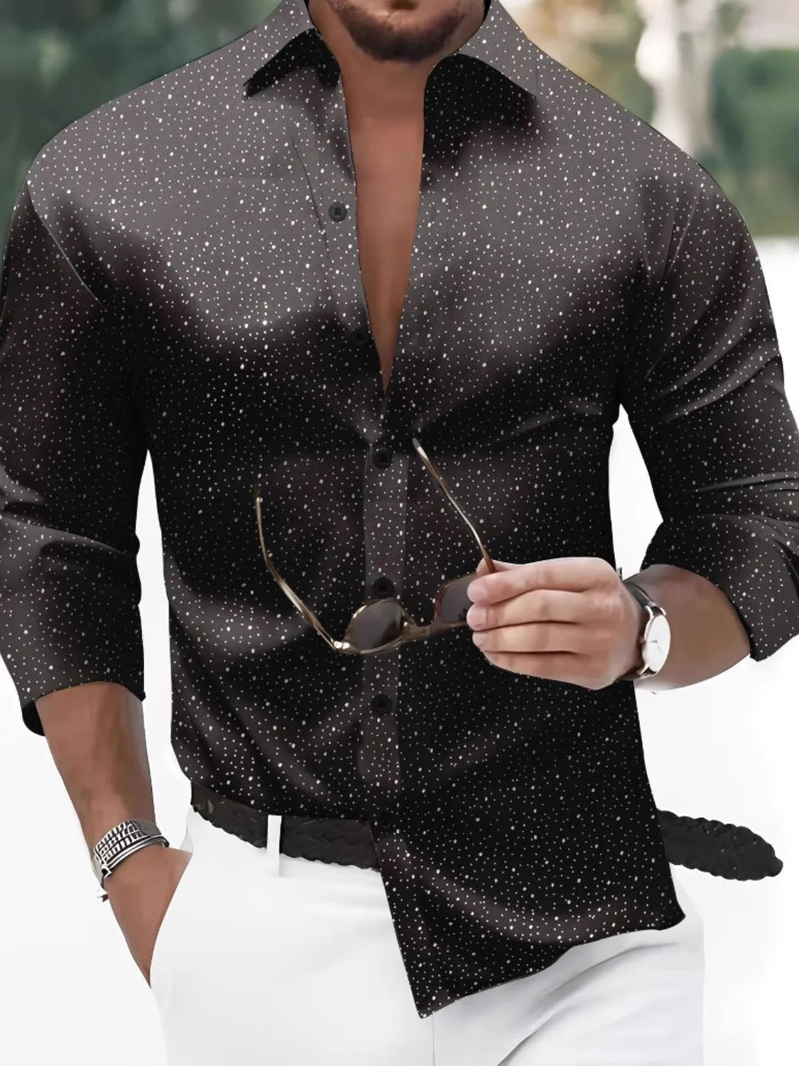Men's full size button up long sleeve shirt, slightly stretchy polyester, stylish design.