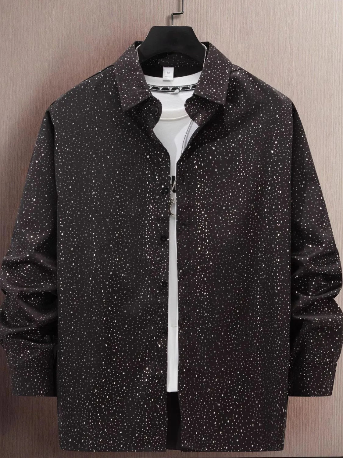 Men's full-size button-up long sleeve shirt, slightly stretchy polyester, basic style.