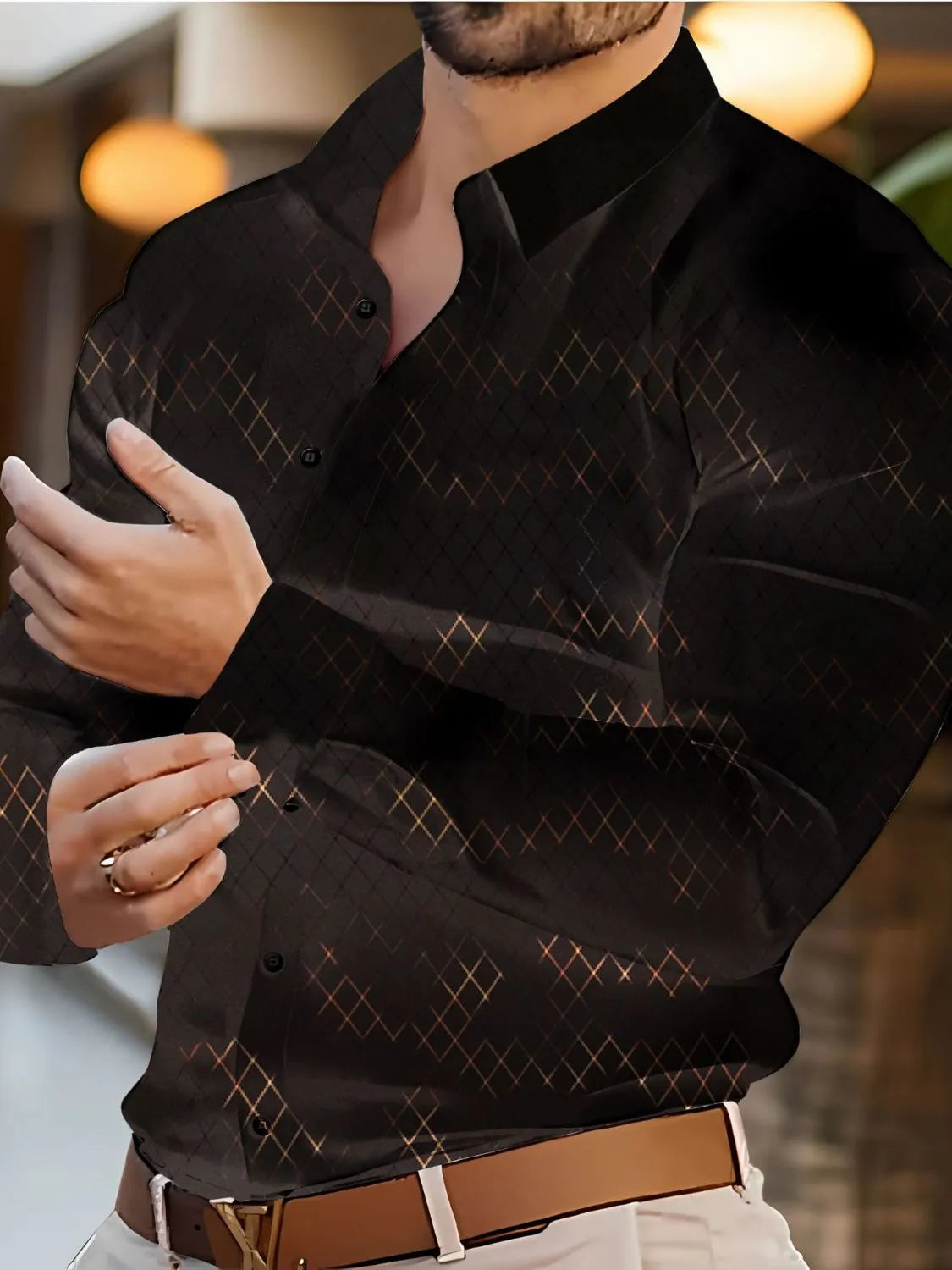 Men's full size button up long sleeve shirt in black with subtle pattern.