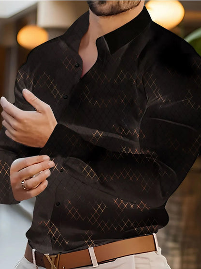 Men's full size button up long sleeve shirt in black with subtle pattern.