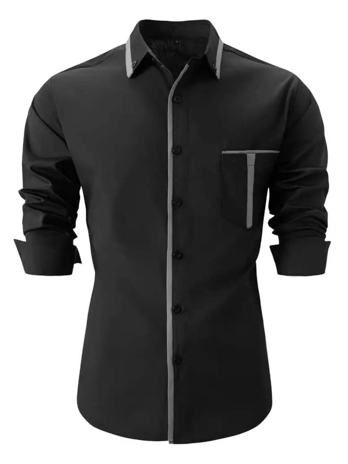Men's full size button-up long sleeve shirt, slightly stretchy with polyester-cotton blend.