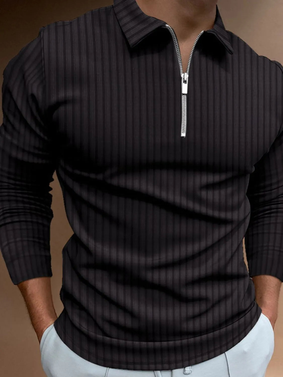 Men's full size collared neck long sleeve polo with zipper detail, designed for comfort and style.