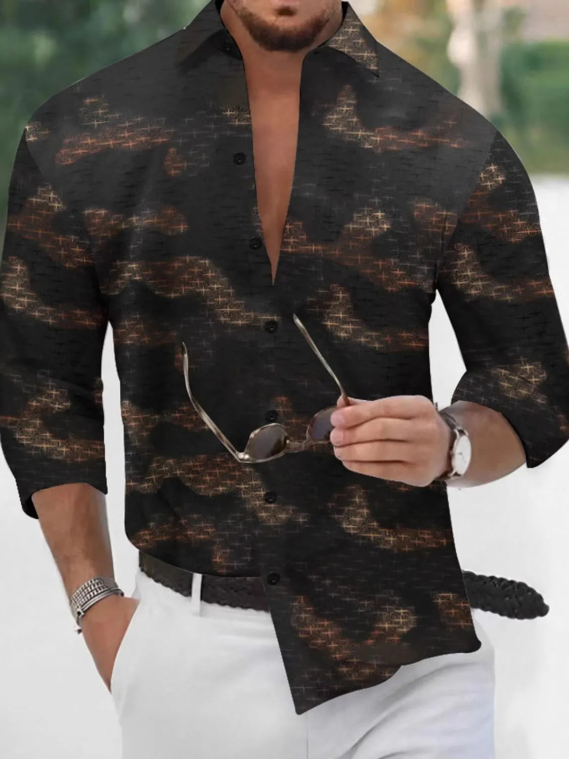 Men's full size collared neck long sleeve shirt, slightly stretchy polyester, basic style.