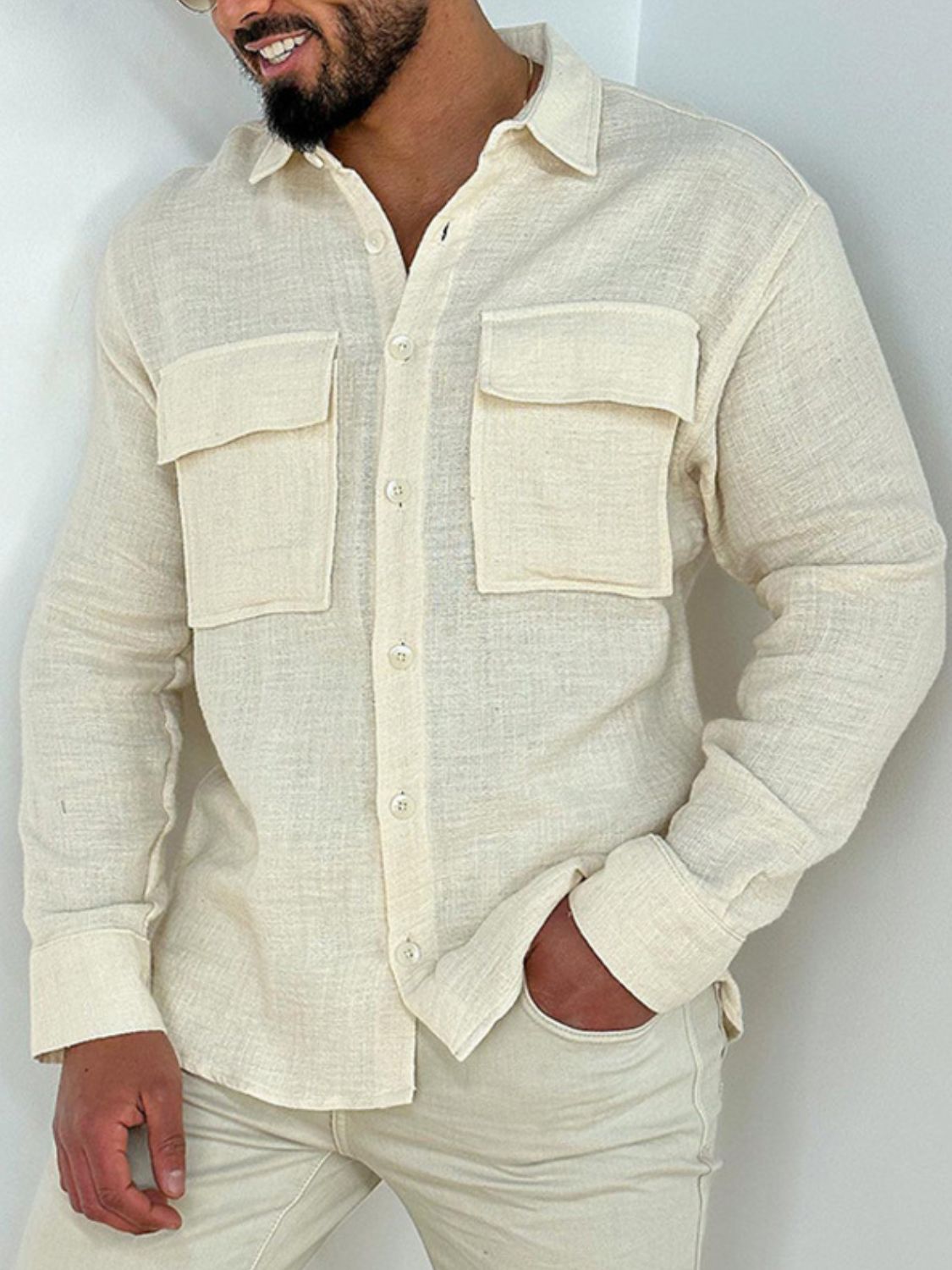 Men's full size collared neck long sleeve shirt with chest pockets, flax-cotton blend.