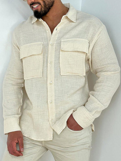 Men's full size collared neck long sleeve shirt with chest pockets, flax-cotton blend.