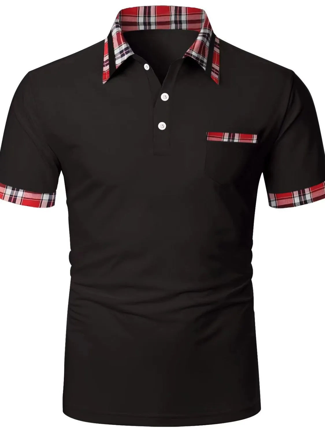 Men's full size collared neck short sleeve polo plus size, black with plaid accents.
