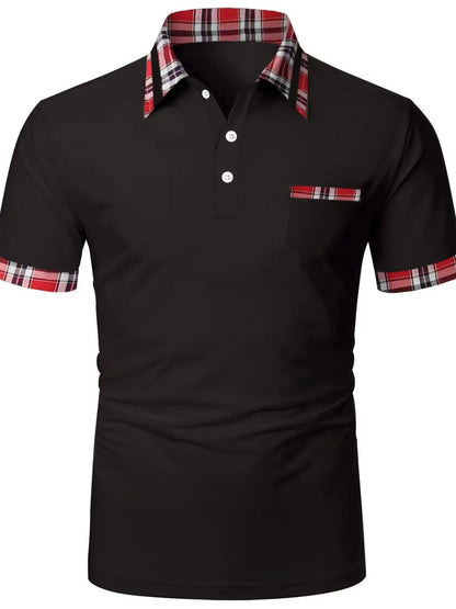 Men's full size collared neck short sleeve polo plus size, black with plaid accents.