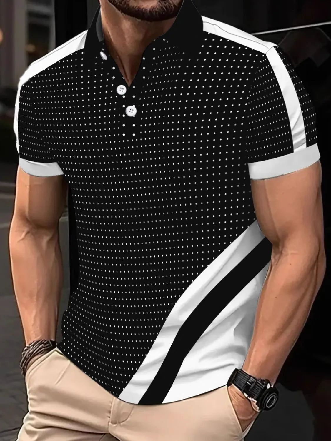 Men's collared neck polo shirt with short sleeves and dotted pattern.