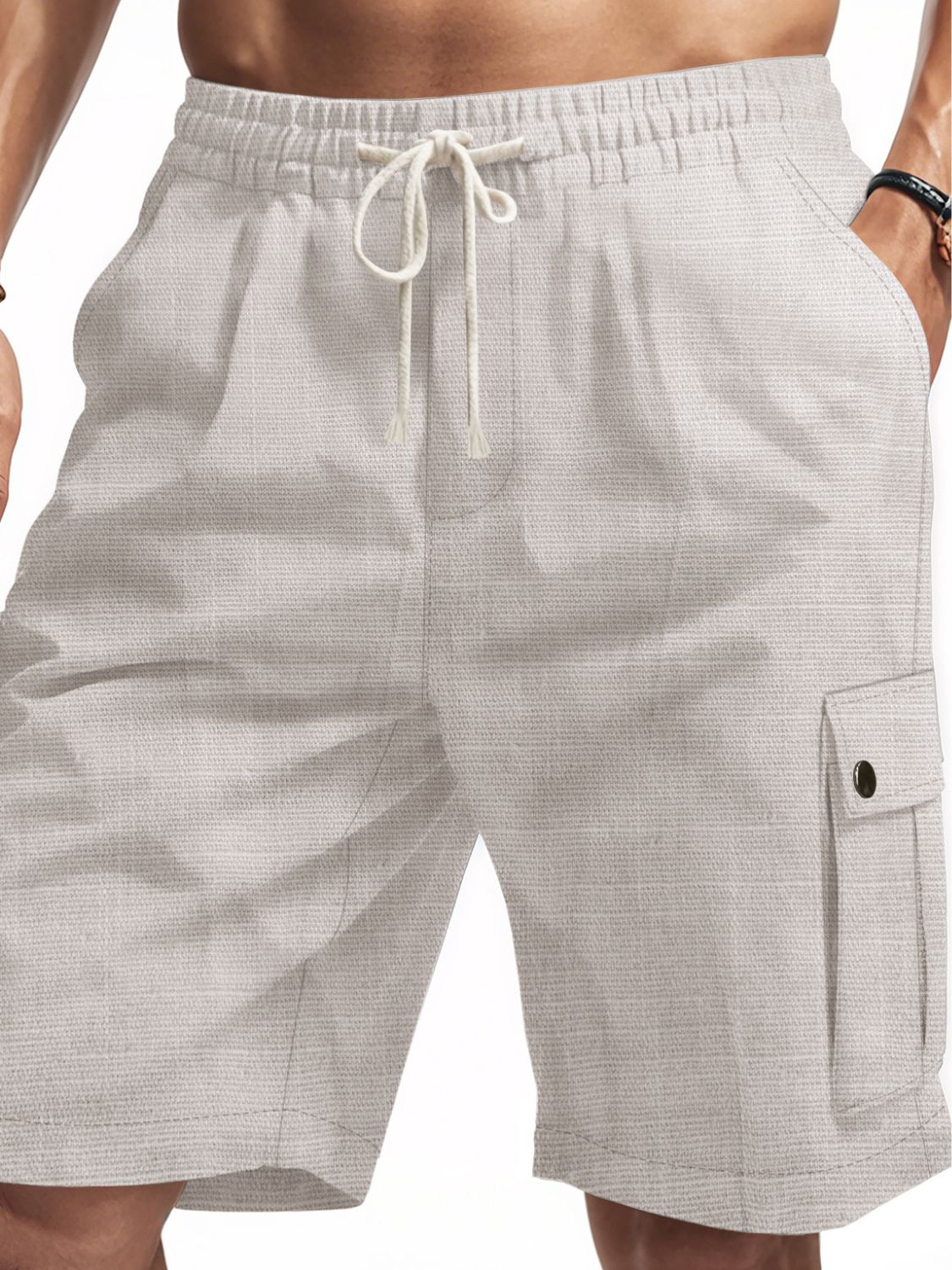 Men's full size drawstring shorts with pockets in linen blend.