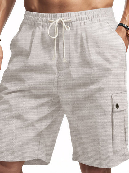 Men's full size drawstring shorts with pockets in linen blend.